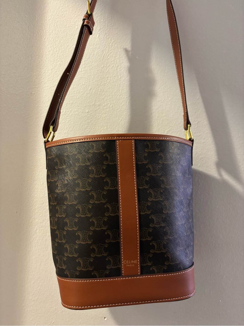 Celine Brown Monogram Canvas Bucket Bag with Tan Leather Trim